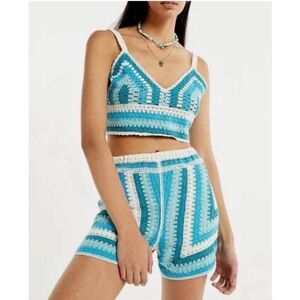 Turquoise Aqua Blue and Cream Crochet Shorts Set Crop Tank S M